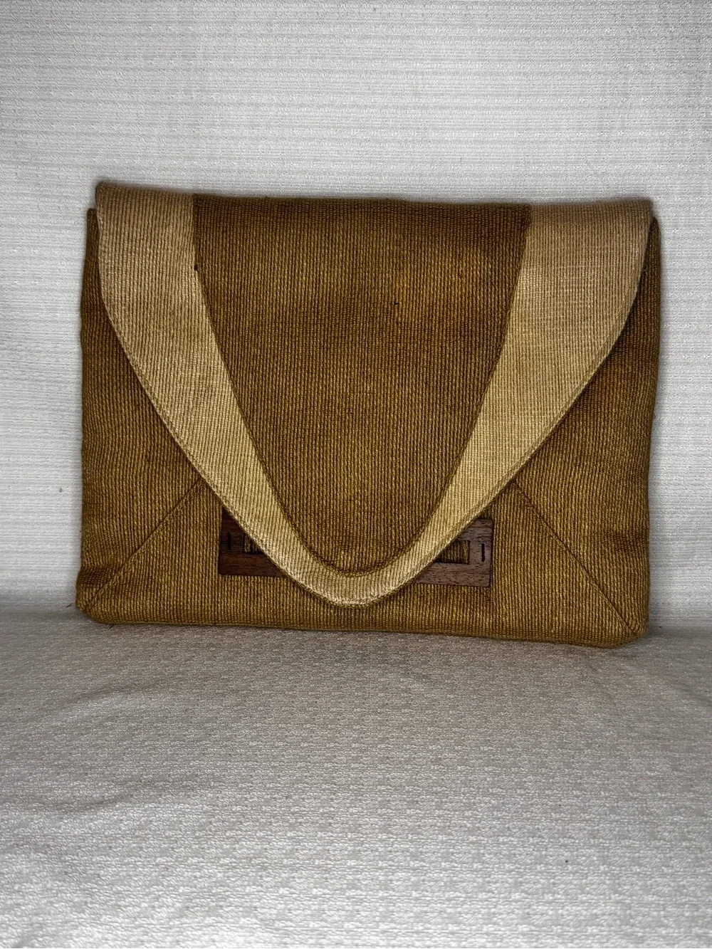 Vintage Corduroy Envelope Clutch Brown Tan Wood Detail 90s Boho